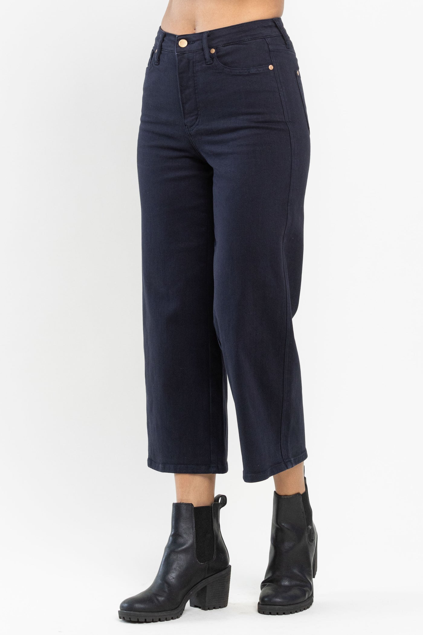 Judy Blue | High Rise Navy Garment Dyed Cropped Wide Leg Jeans w/ Tummy Control