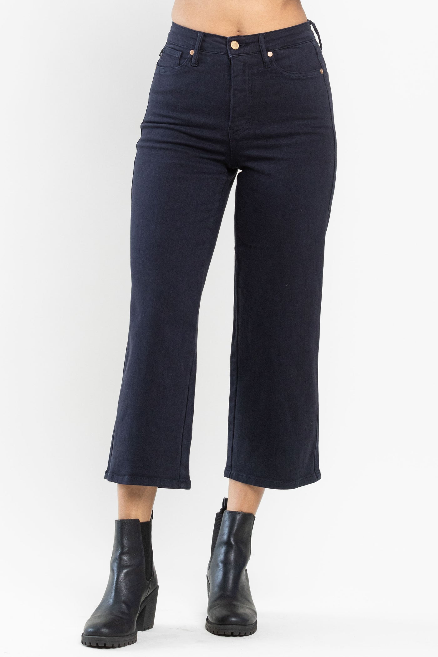 Judy Blue | High Rise Navy Garment Dyed Cropped Wide Leg Jeans w/ Tummy Control