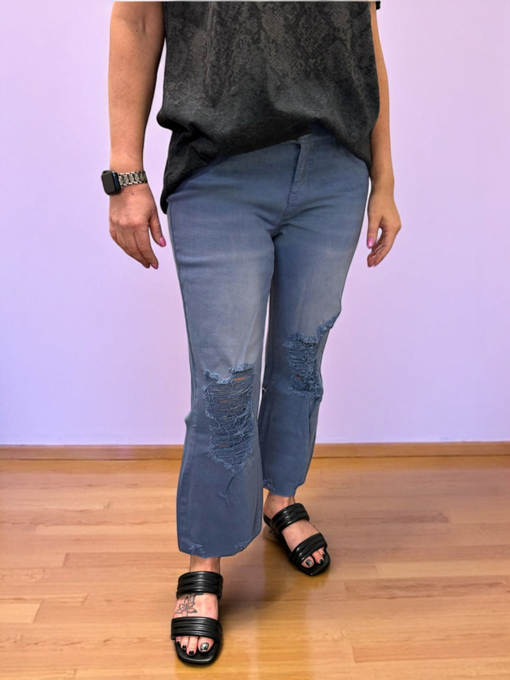 Rubies & Honey | Mermaid Blue Distressed Cropped Wide Leg