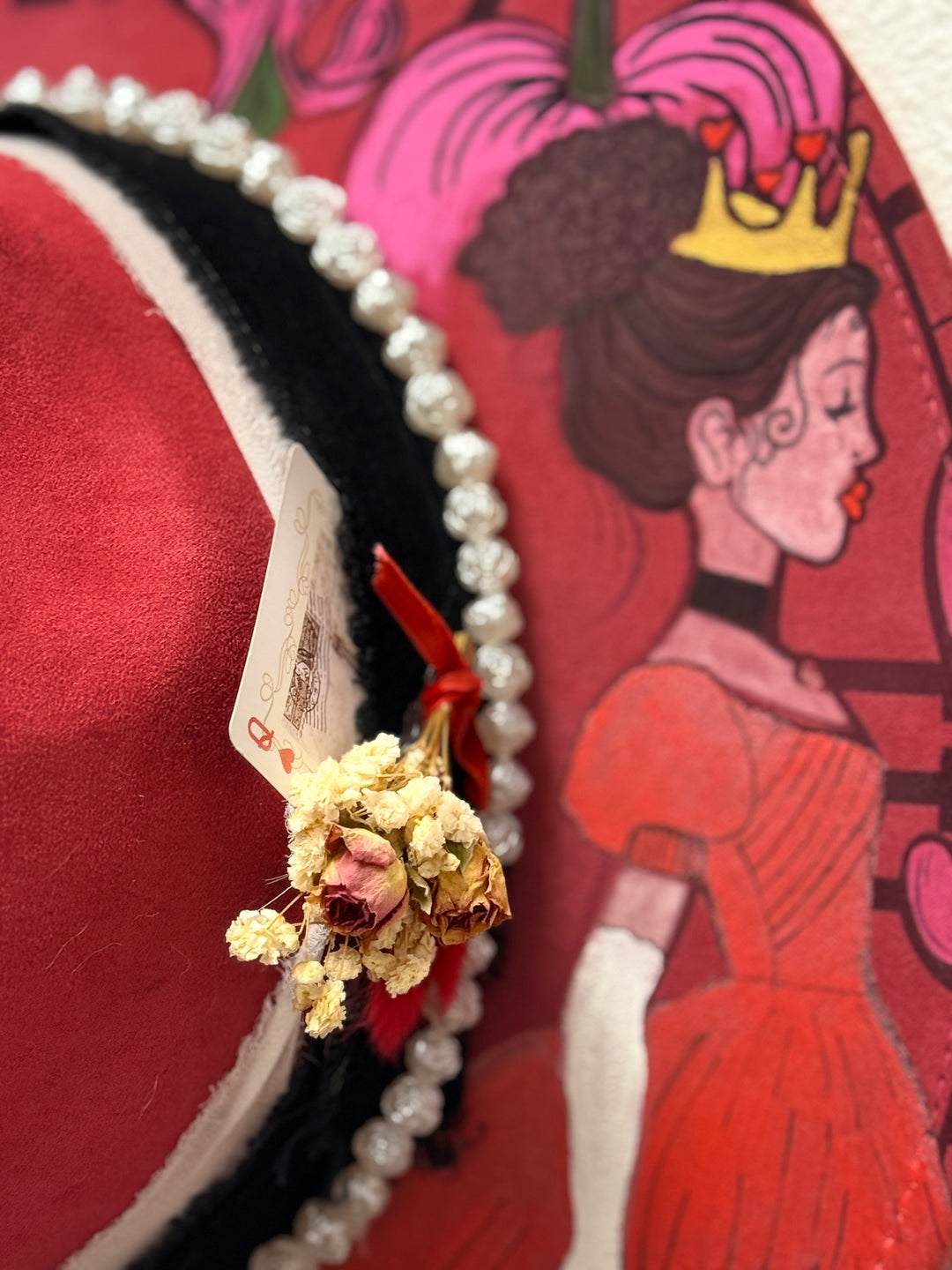 Hand Painted Queen of Hearts Fever Dream Wide Brim Vegan Suede Hat