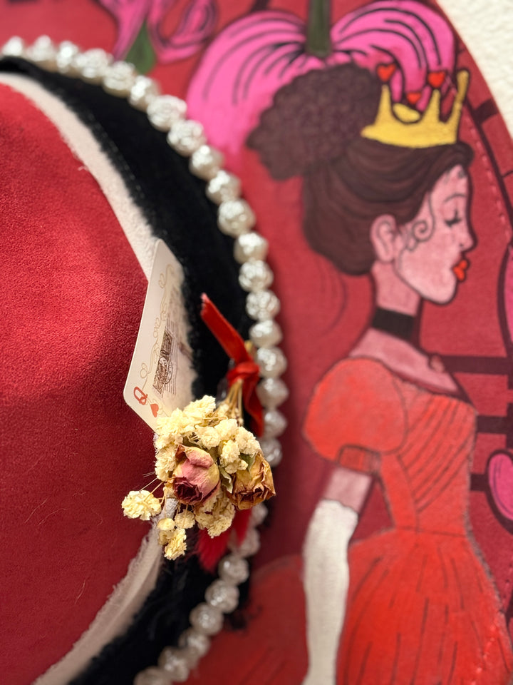 Hand Painted Queen of Hearts Fever Dream Wide Brim Vegan Suede Hat