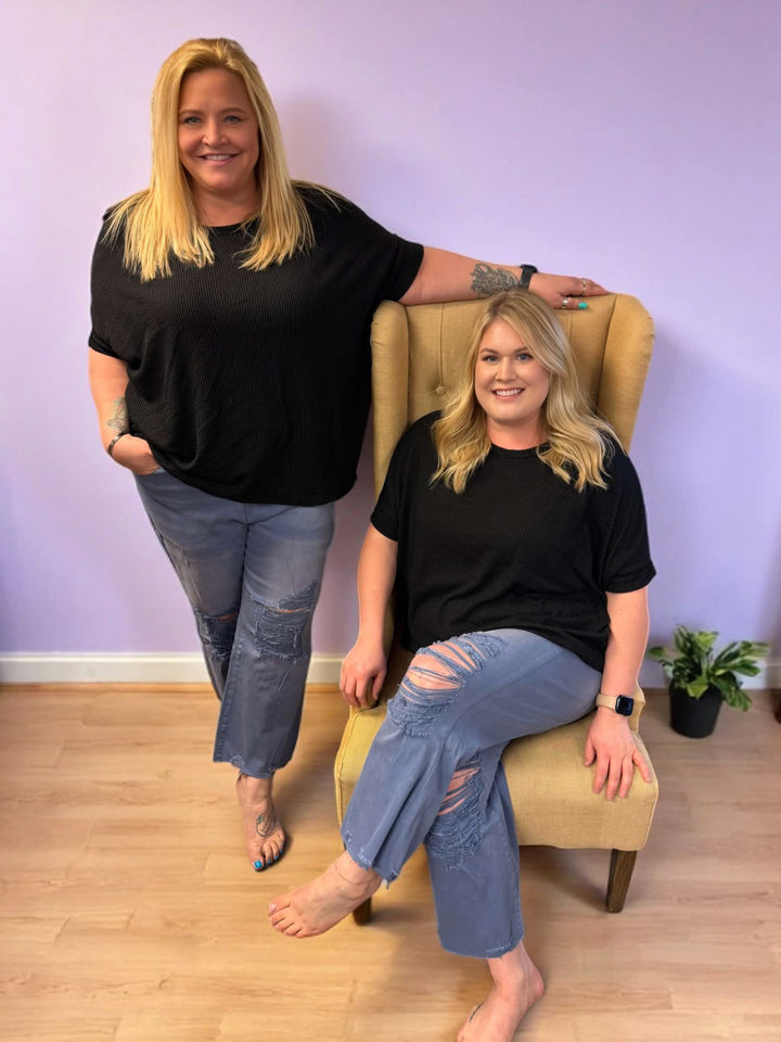 Rubies & Honey | Mermaid Blue Distressed Cropped Wide Leg