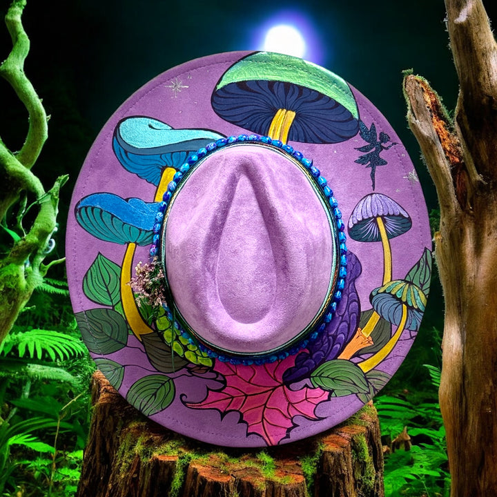 Mystical Mushrooms Wide Brim Vegan Suede Hat