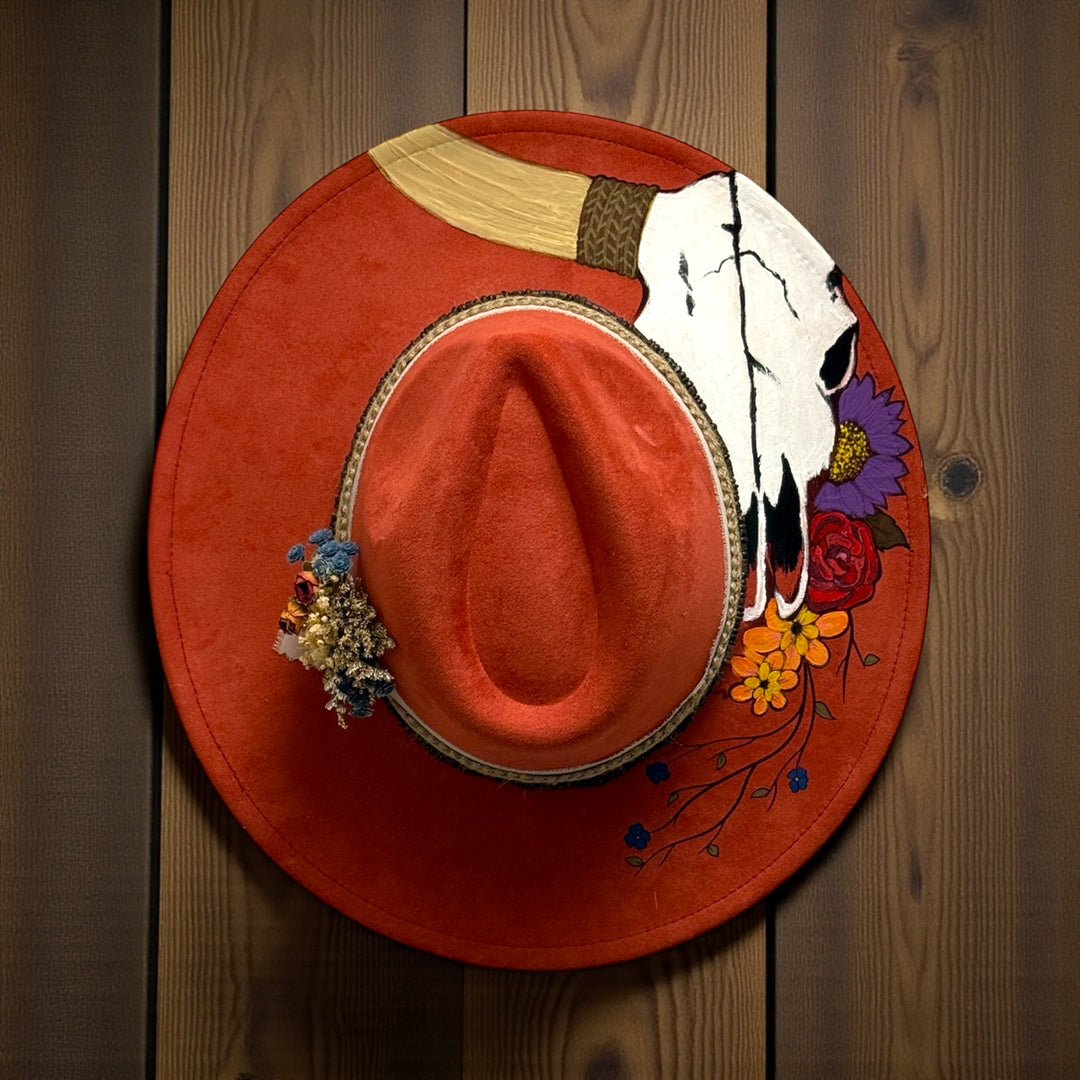 Skull & Flowers Wide Brim Vegan Suede Hat