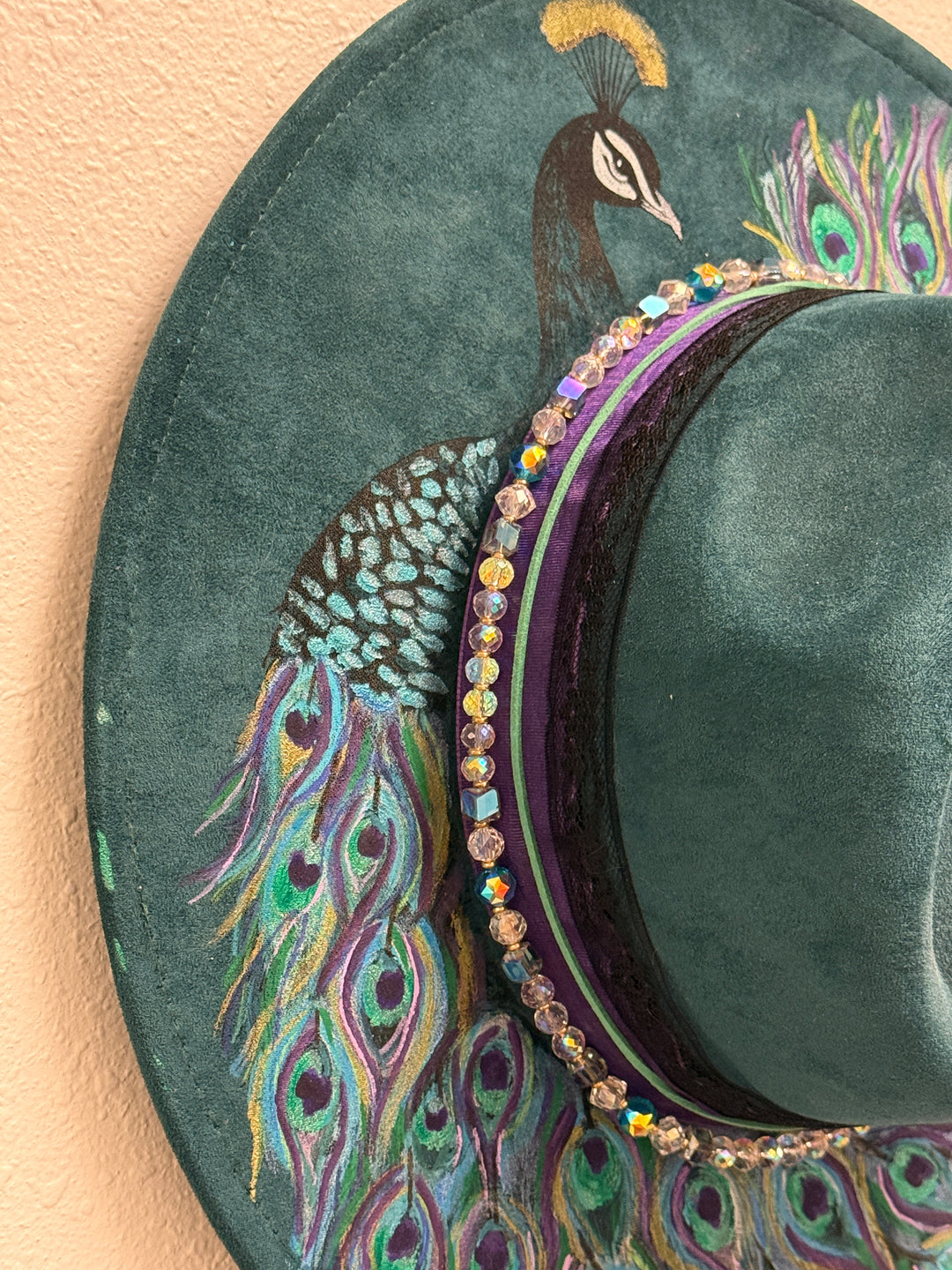 Ostentatious Hand Painted Peacock Wide Brim Vegan Suede Hat