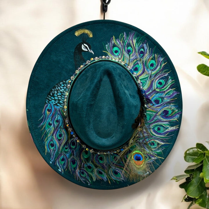 Ostentatious Hand Painted Peacock Wide Brim Vegan Suede Hat