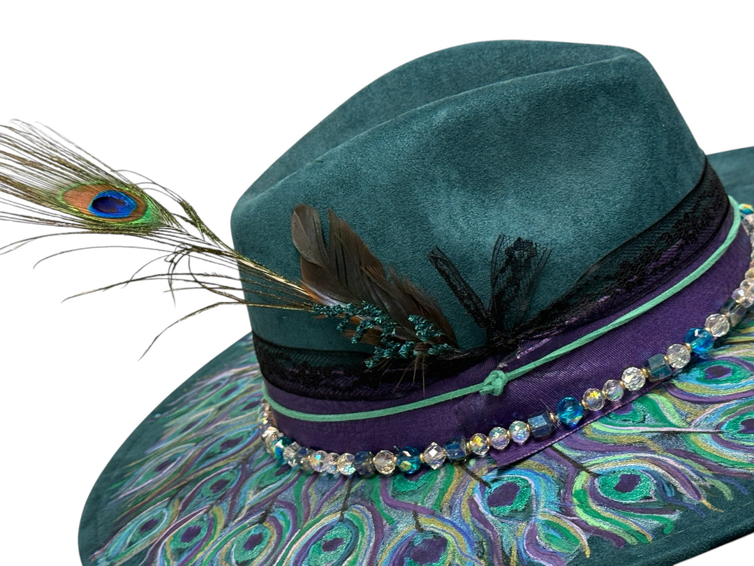 Ostentatious Hand Painted Peacock Wide Brim Vegan Suede Hat