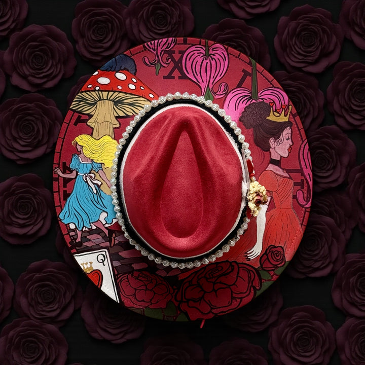Hand Painted Queen of Hearts Fever Dream Wide Brim Vegan Suede Hat