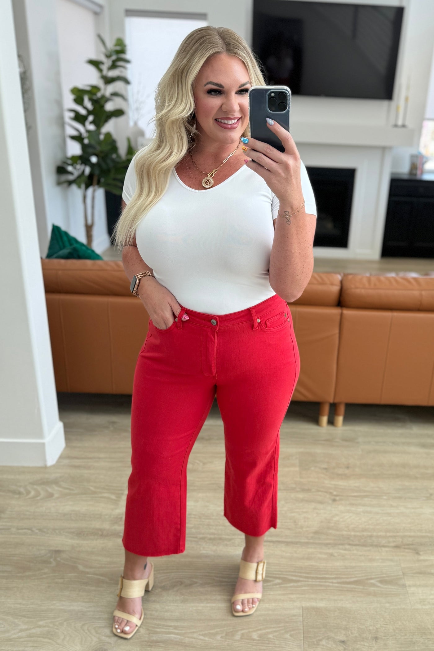 Judy Blue | Lisa High Rise Control Top Wide Leg Crop Jeans in Red