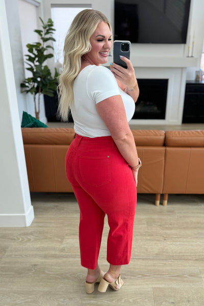 Judy Blue | Lisa High Rise Control Top Wide Leg Crop Jeans in Red