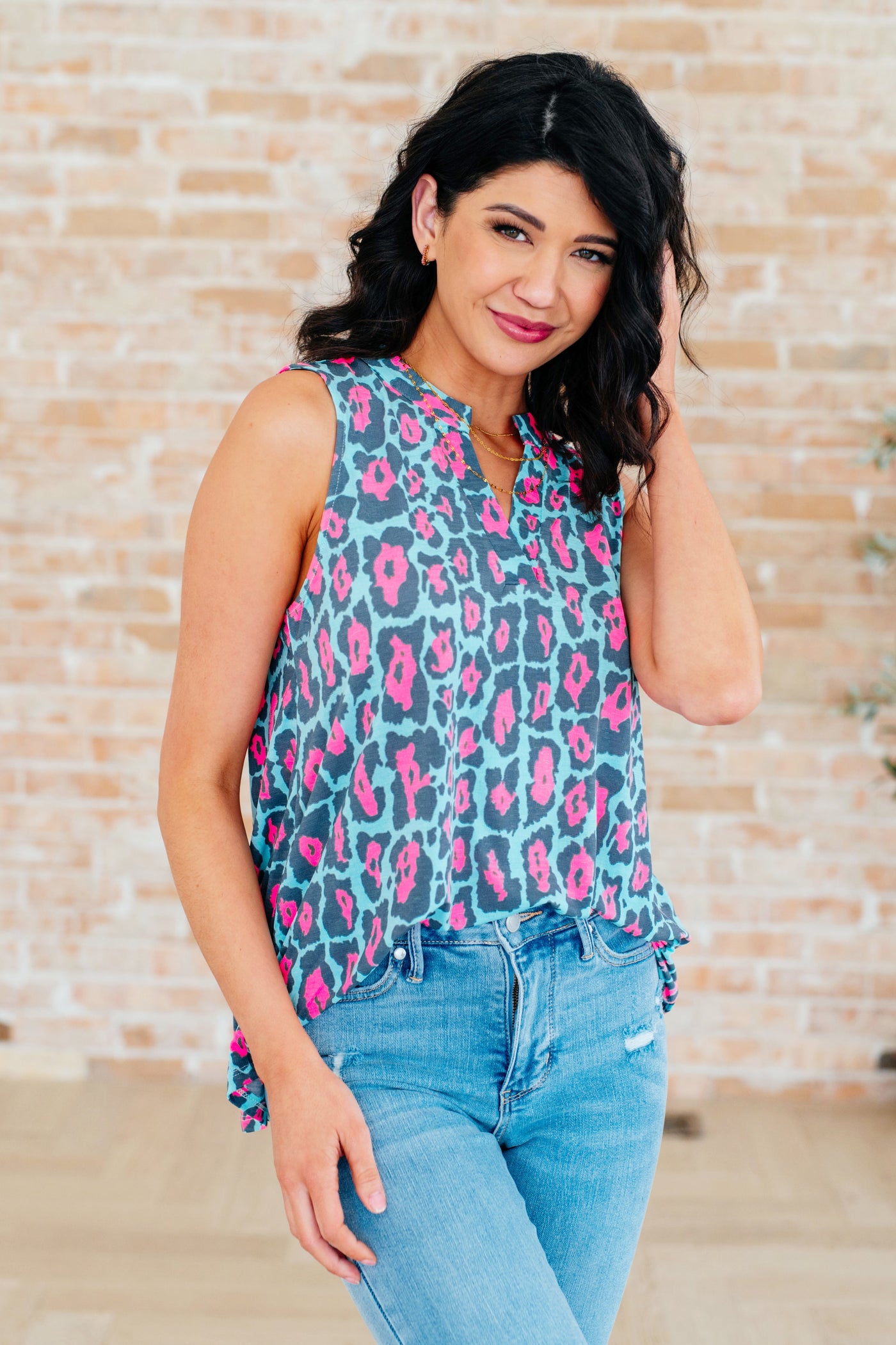 Mint and Pink Leopard Sleeveless Blouse