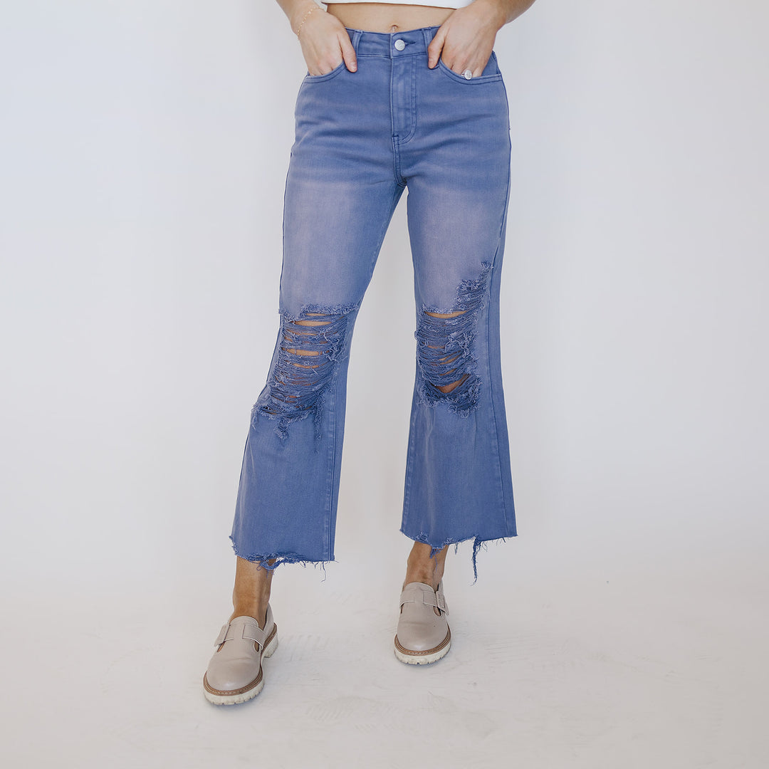 Rubies & Honey | Mermaid Blue Distressed Cropped Wide Leg