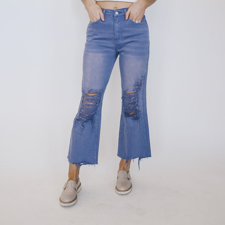 Rubies & Honey | Mermaid Blue Distressed Cropped Wide Leg