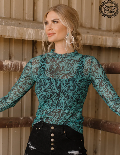 Turquoise Filigree Mesh Long Sleeve Top