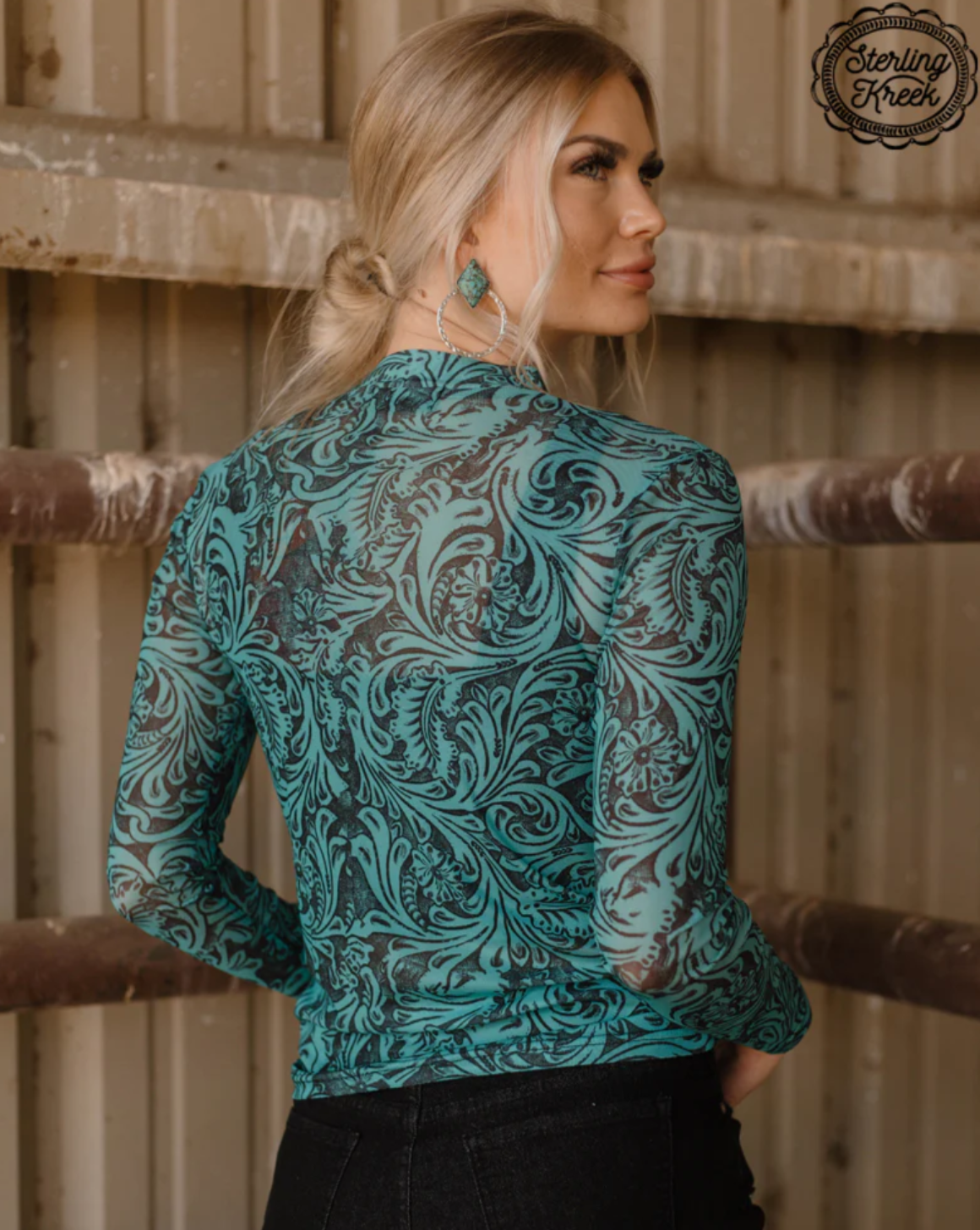 Turquoise Filigree Mesh Long Sleeve Top