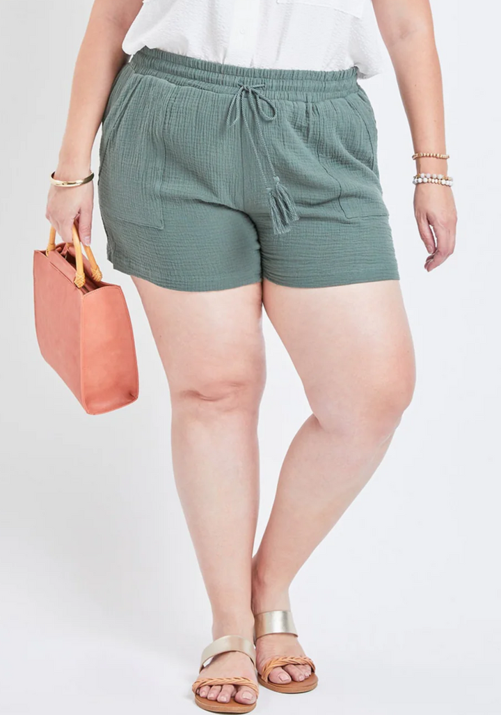 Dark Jade Double Gauze Shorts With Tassel Drawstring