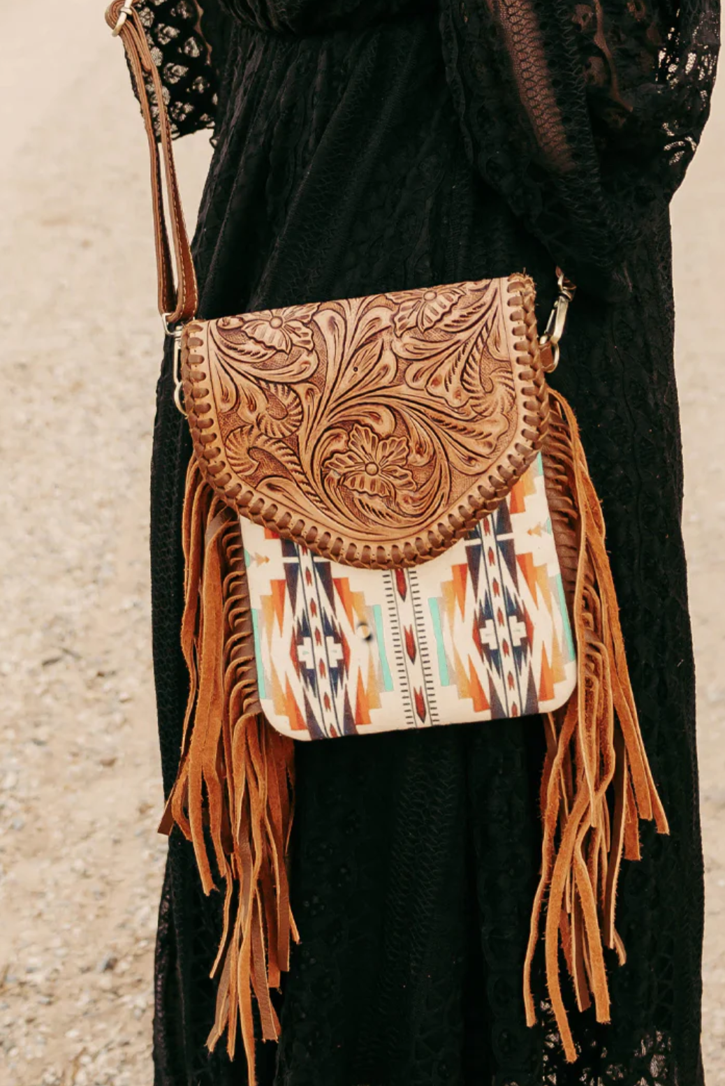 Real Leather Tooled Aztec Inspired Crossbody