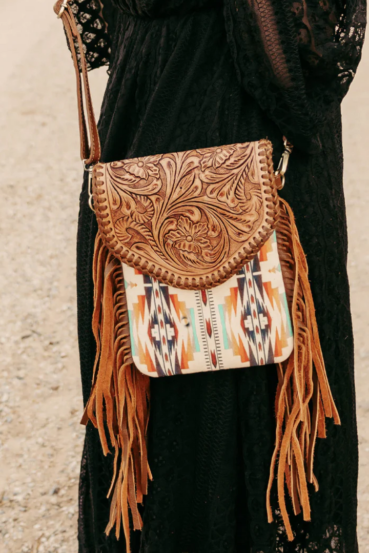 Real Leather Tooled Aztec Inspired Crossbody