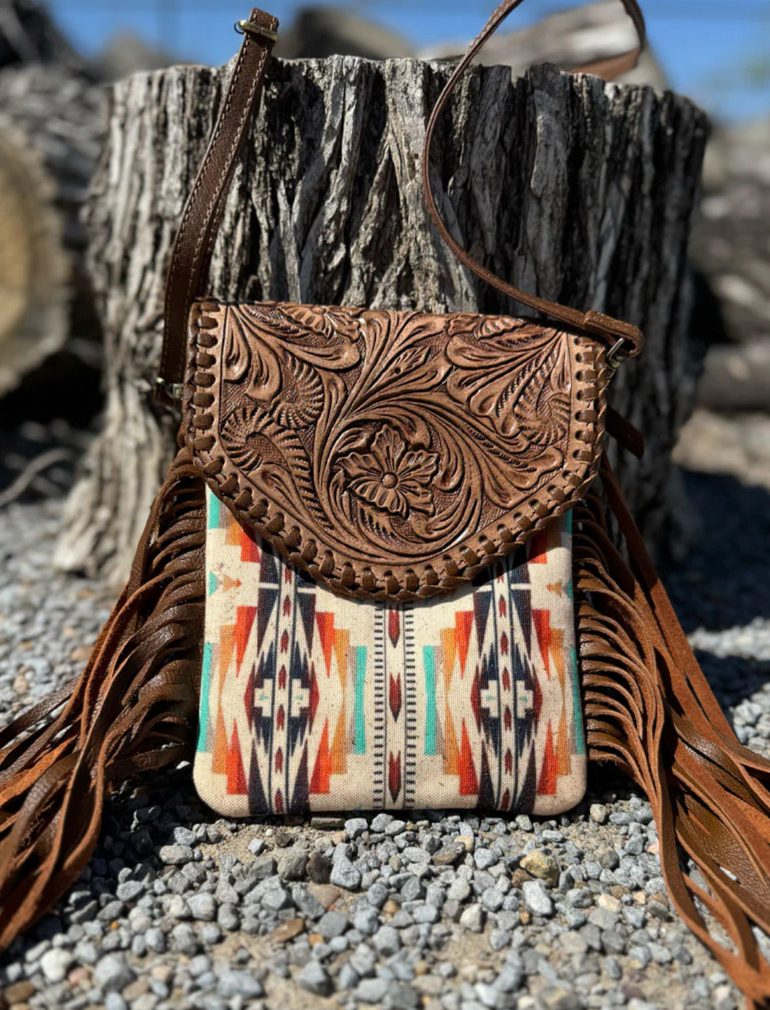 Real Leather Tooled Aztec Inspired Crossbody