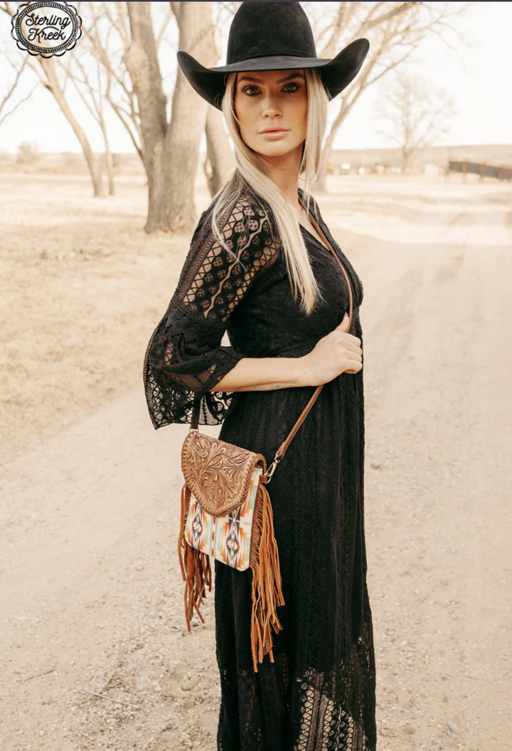 Real Leather Tooled Aztec Inspired Crossbody