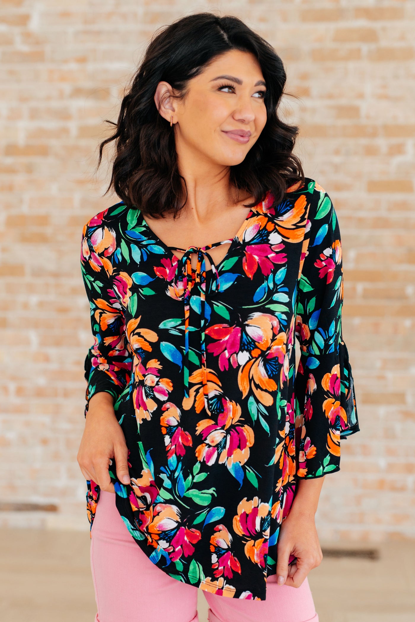 Black and Emerald Floral Bell Sleeve Top
