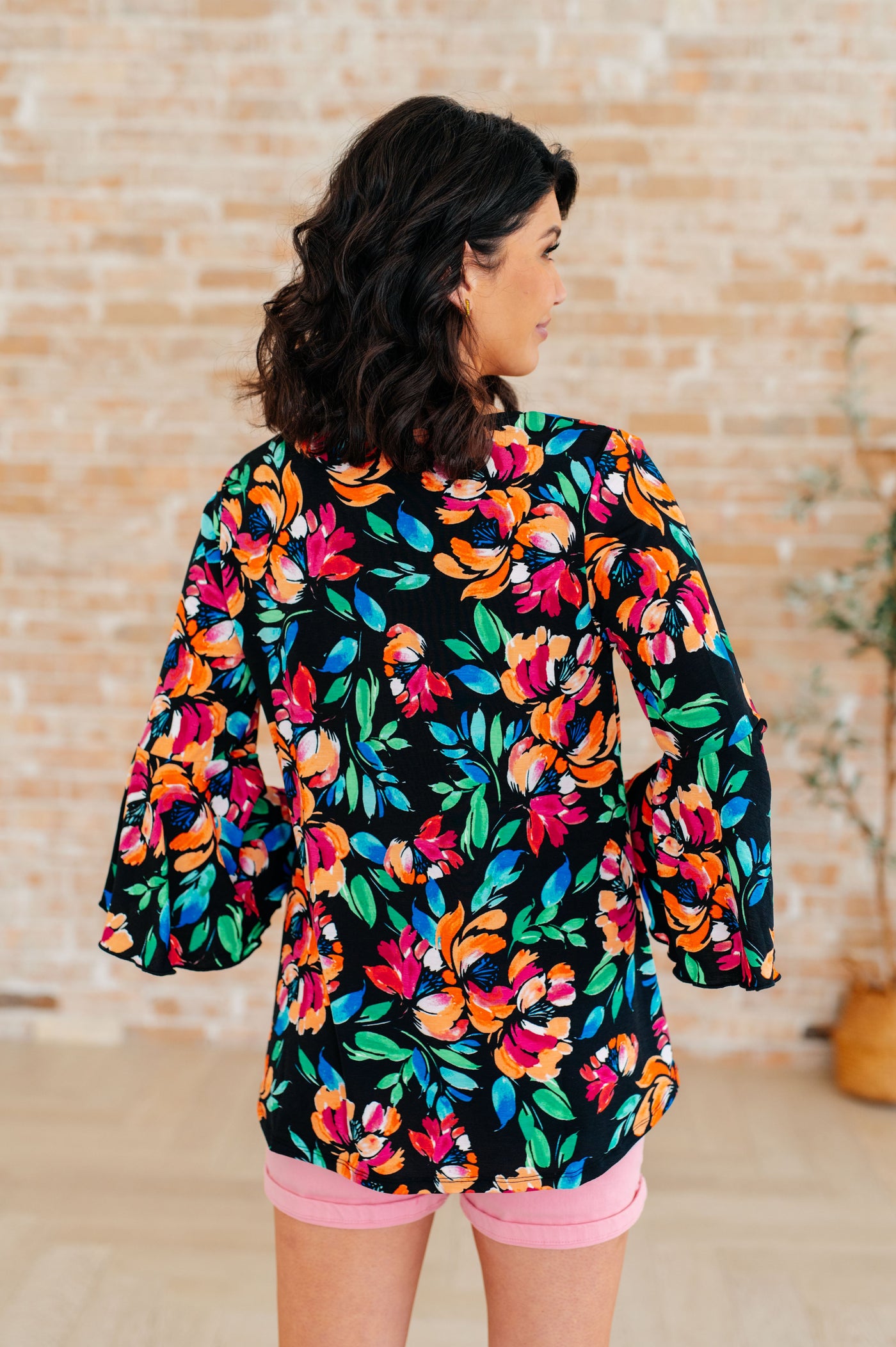 Black and Emerald Floral Bell Sleeve Top