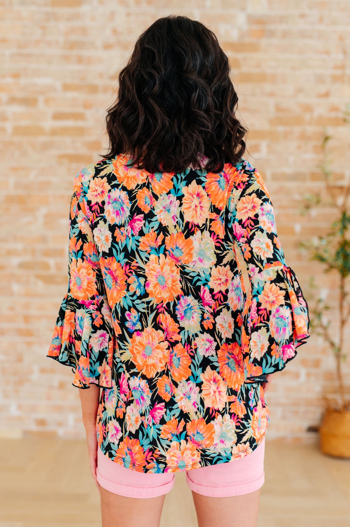 Black and Persimmon Floral Bell Sleeve Top