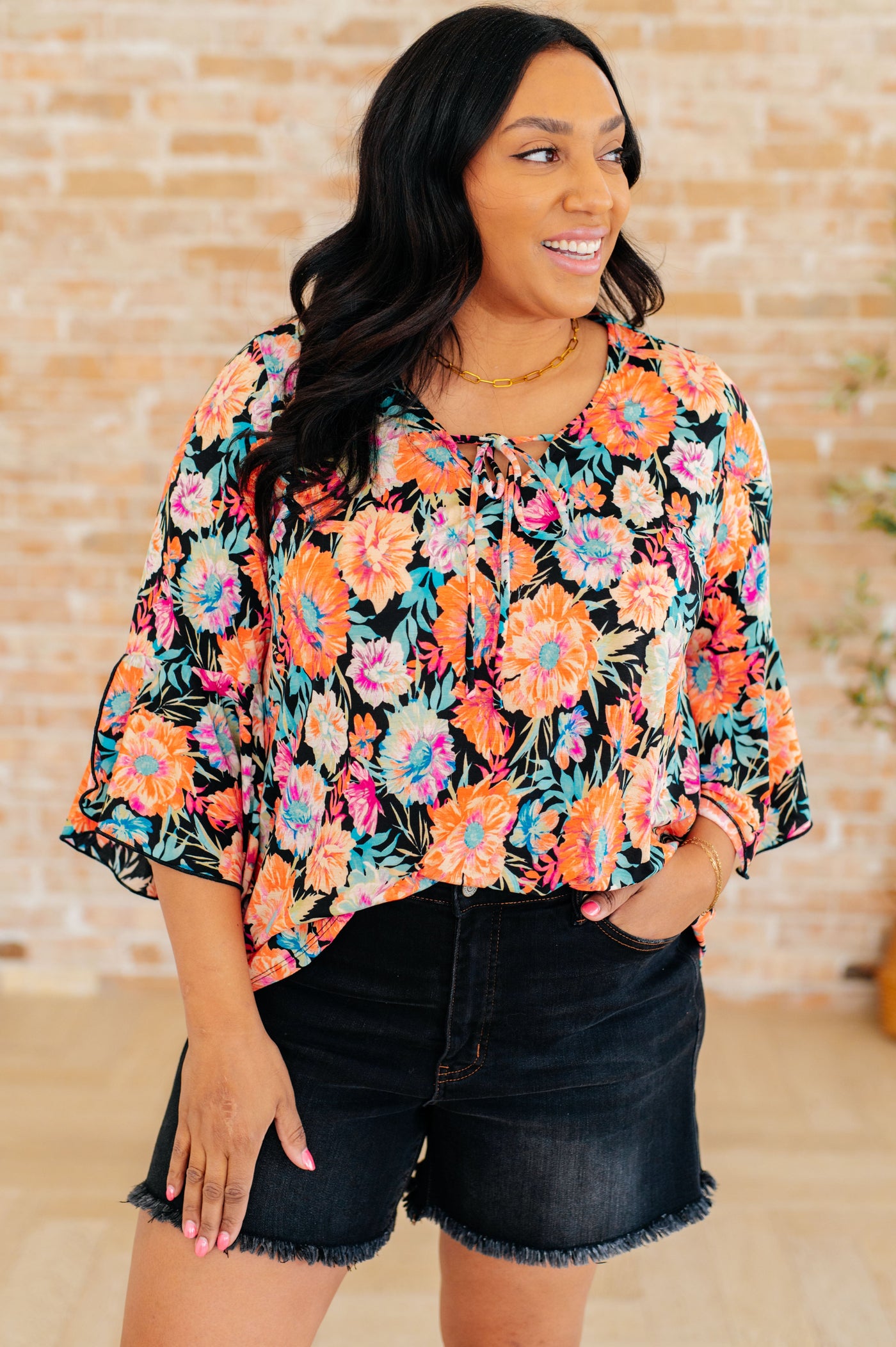 Black and Persimmon Floral Bell Sleeve Top