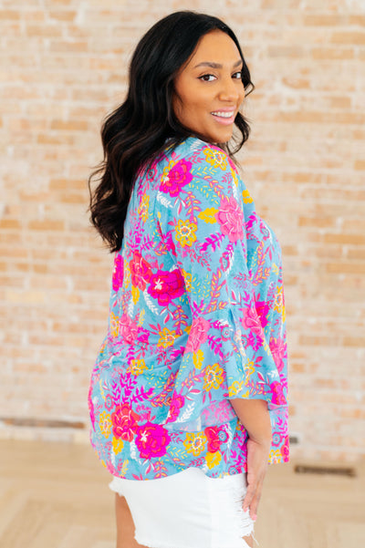 Bright Blue Floral Bell Sleeve Top