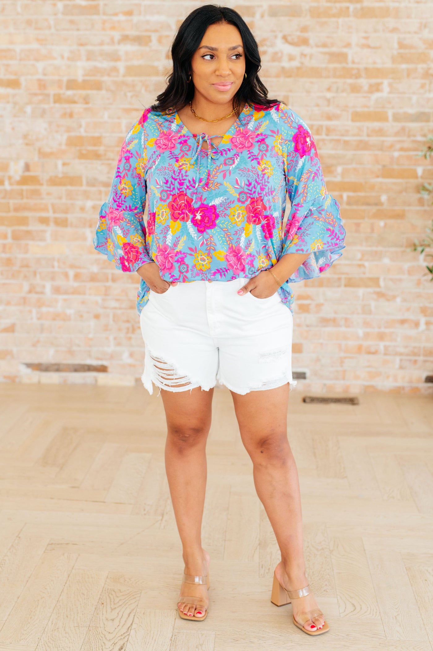 Bright Blue Floral Bell Sleeve Top