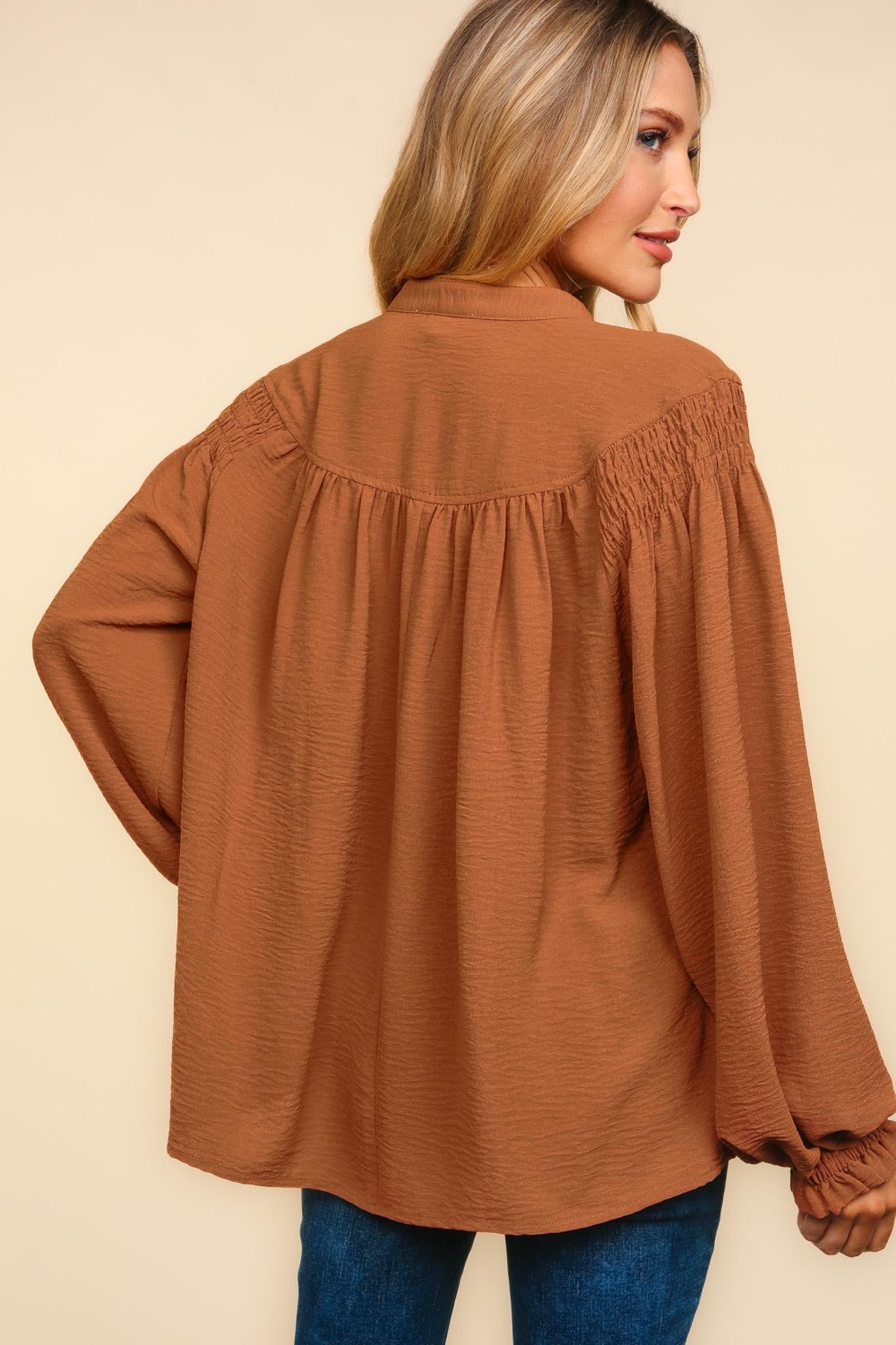 Caramel Highlights Woven Long Sleeve Top