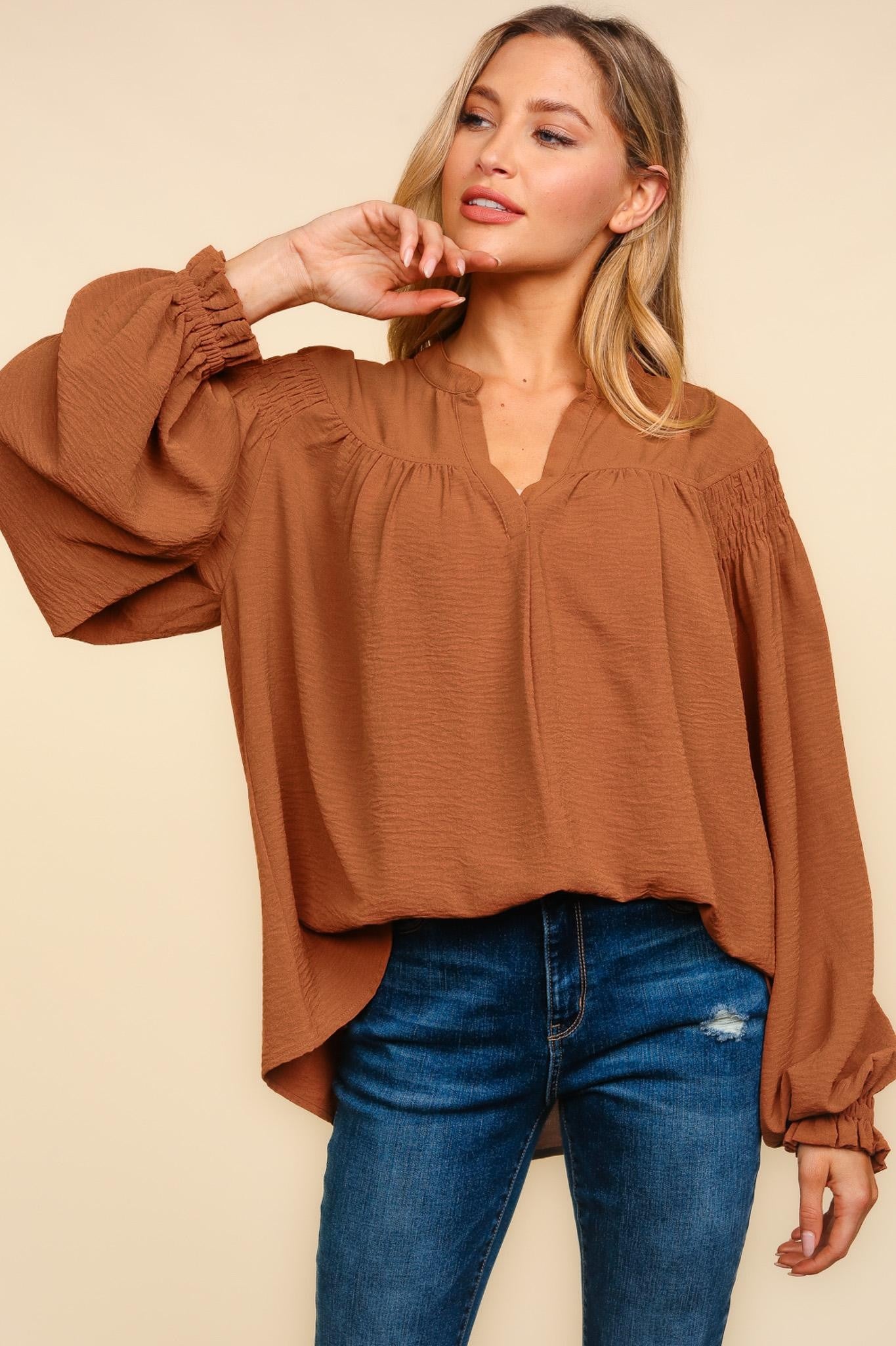 Caramel Highlights Woven Long Sleeve Top