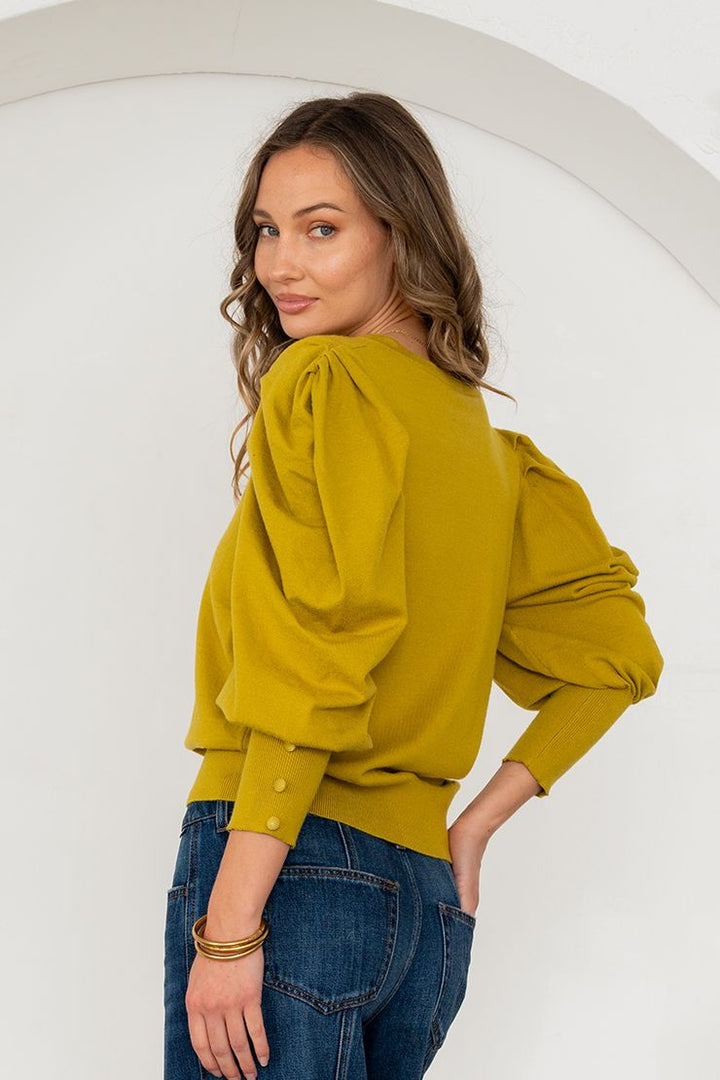 Chartreuse Button Puff Sleeve Top