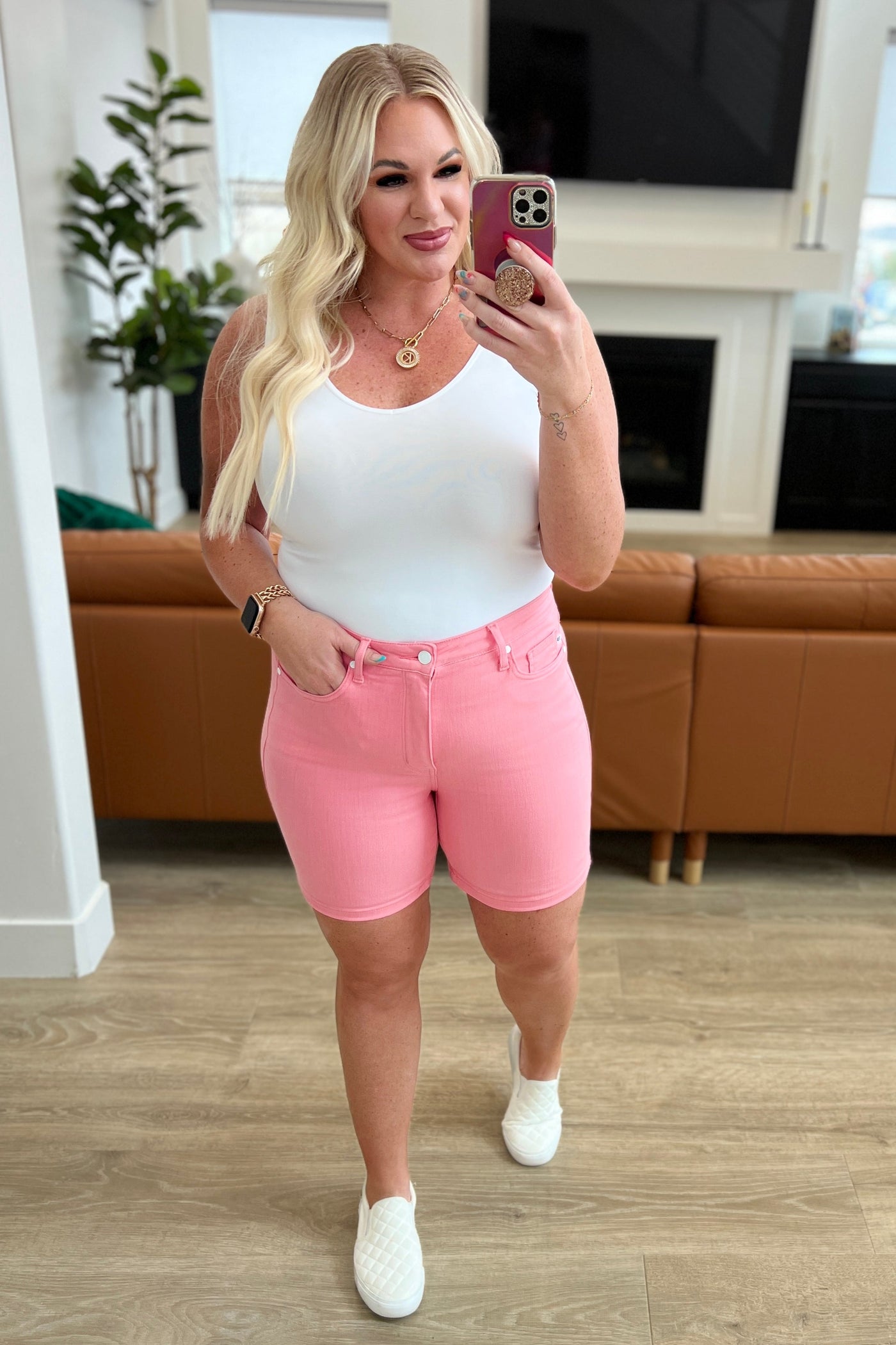 Judy Blue | Jenna High Rise Control Top Cuffed Shorts in Pink